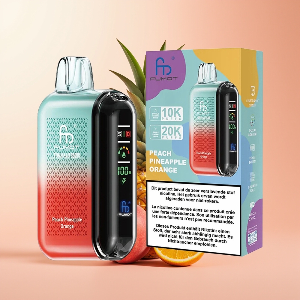 Fumot Tornado 20000 Puffs Durazno Piña Naranja con Batería Recargable y Control de Flujo de Aire