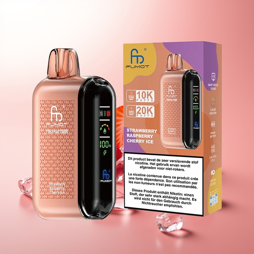 Fumot Tornado 20000 Puffs Helado de Fresa Frambuesa Cereza con Batería Recargable y Control de Flujo de Aire