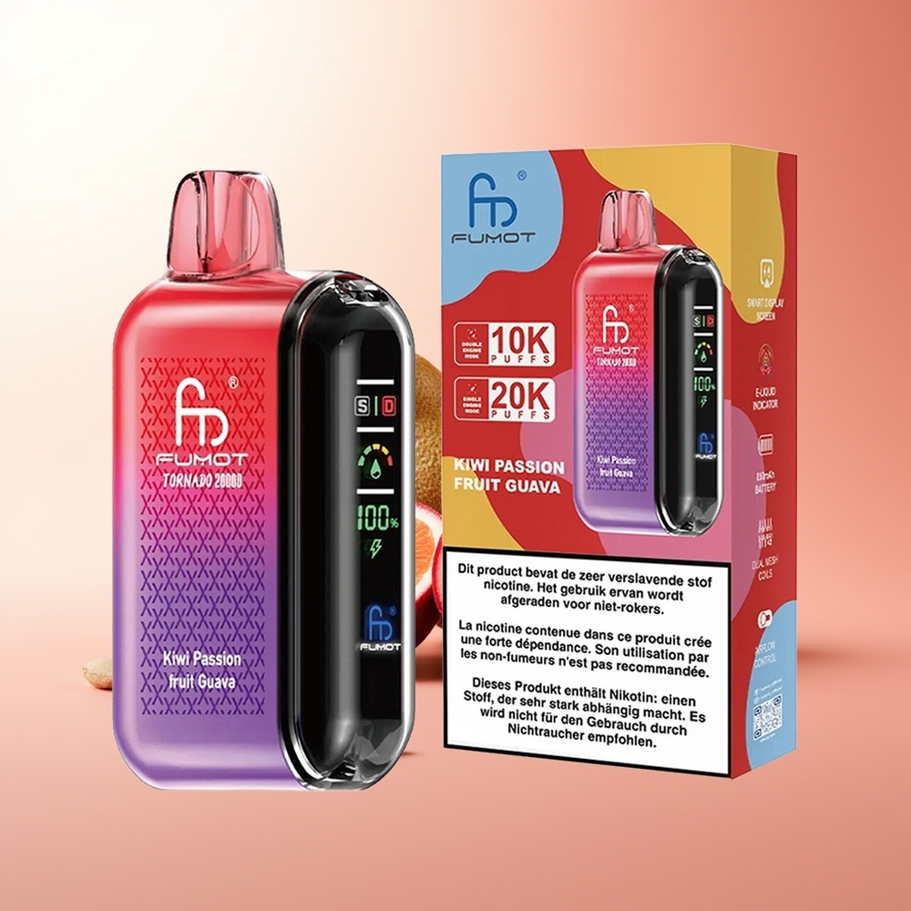 Fumot Tornado 20000 Puffs Maracuyá Guayaba Kiwi con Batería Recargable y Control de Flujo de Aire