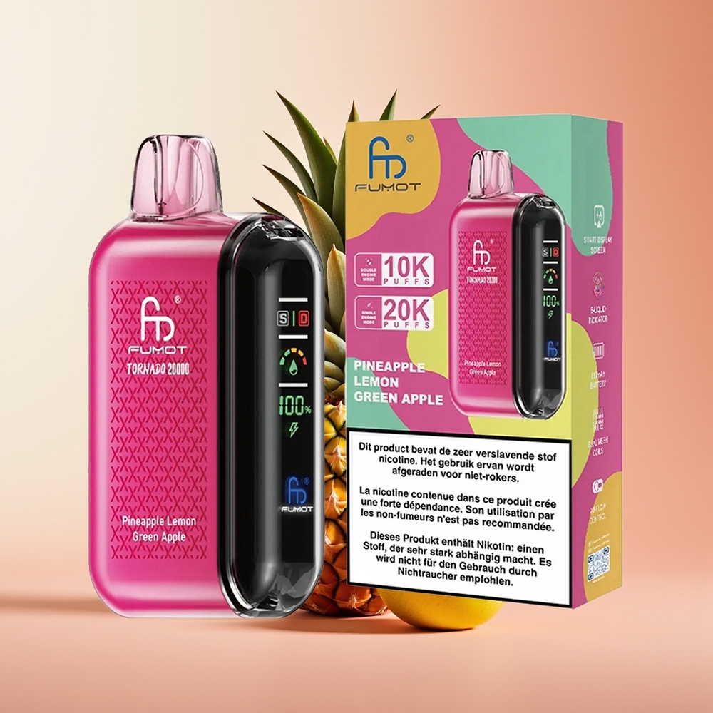 Fumot Tornado 20000 Puffs Piña Limón Manzana Verde Dual Coil Pantalla Inteligente