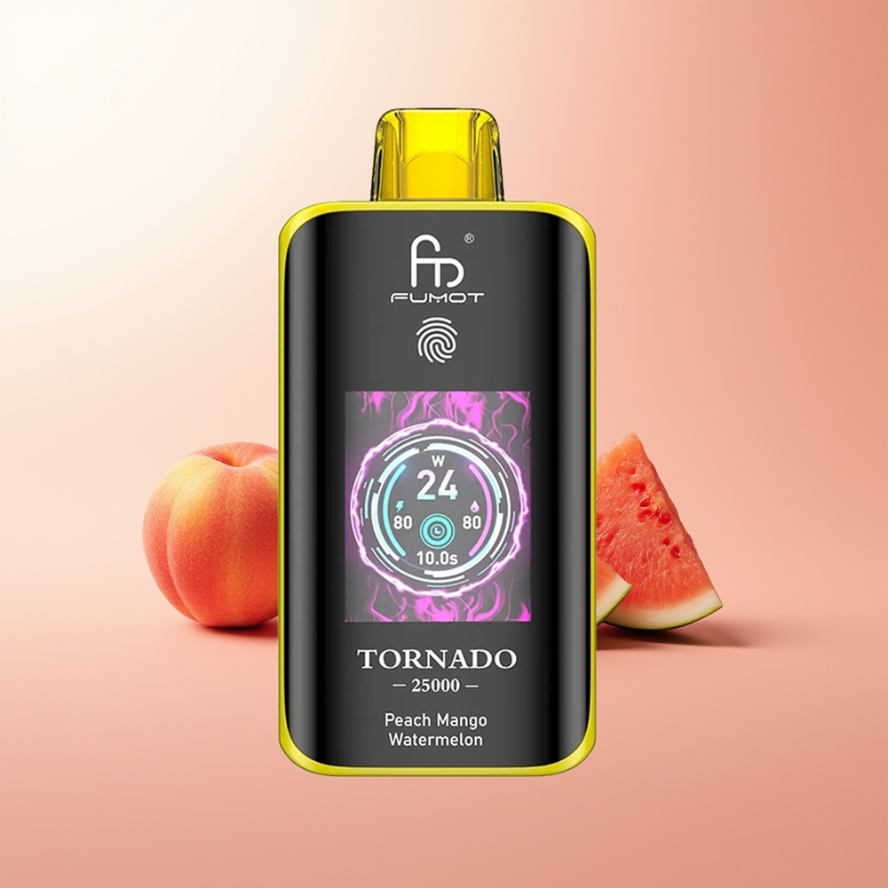 Fumot Tornado 25000 Puffs Sandía Mango Melocotón Pantalla HD Batería Recargable