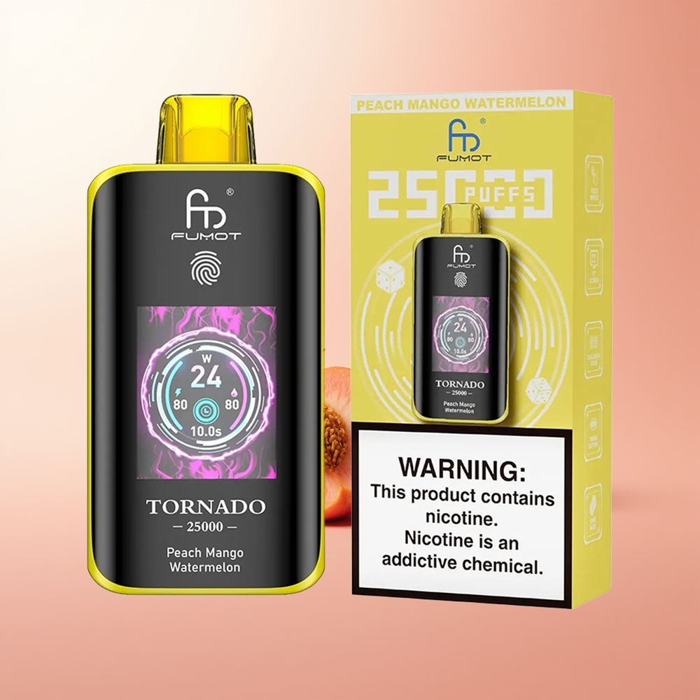 Fumot Tornado 25000 Puffs Sandía Mango Melocotón Pantalla HD Batería Recargable