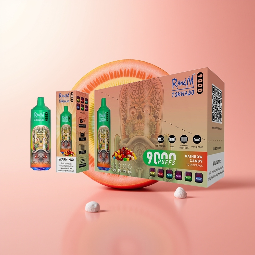 RandM Fumot Tornado 9000 Puffs Caramelo Arcoíris con Pantalla RGB y Bobina de Malla