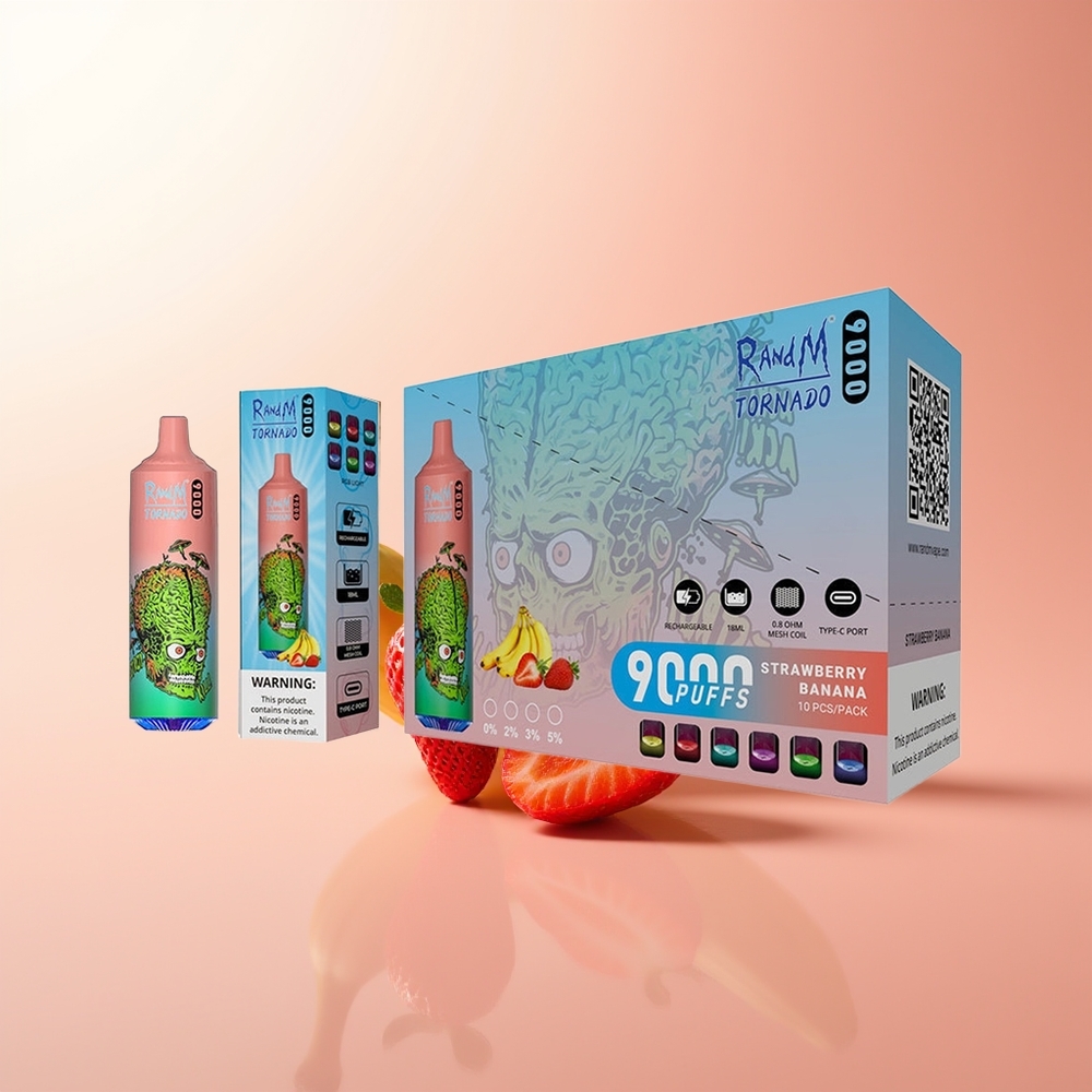 RandM Fumot Tornado 9000 Puffs Fresa Plátano Pantalla RGB Capacidad Recargable