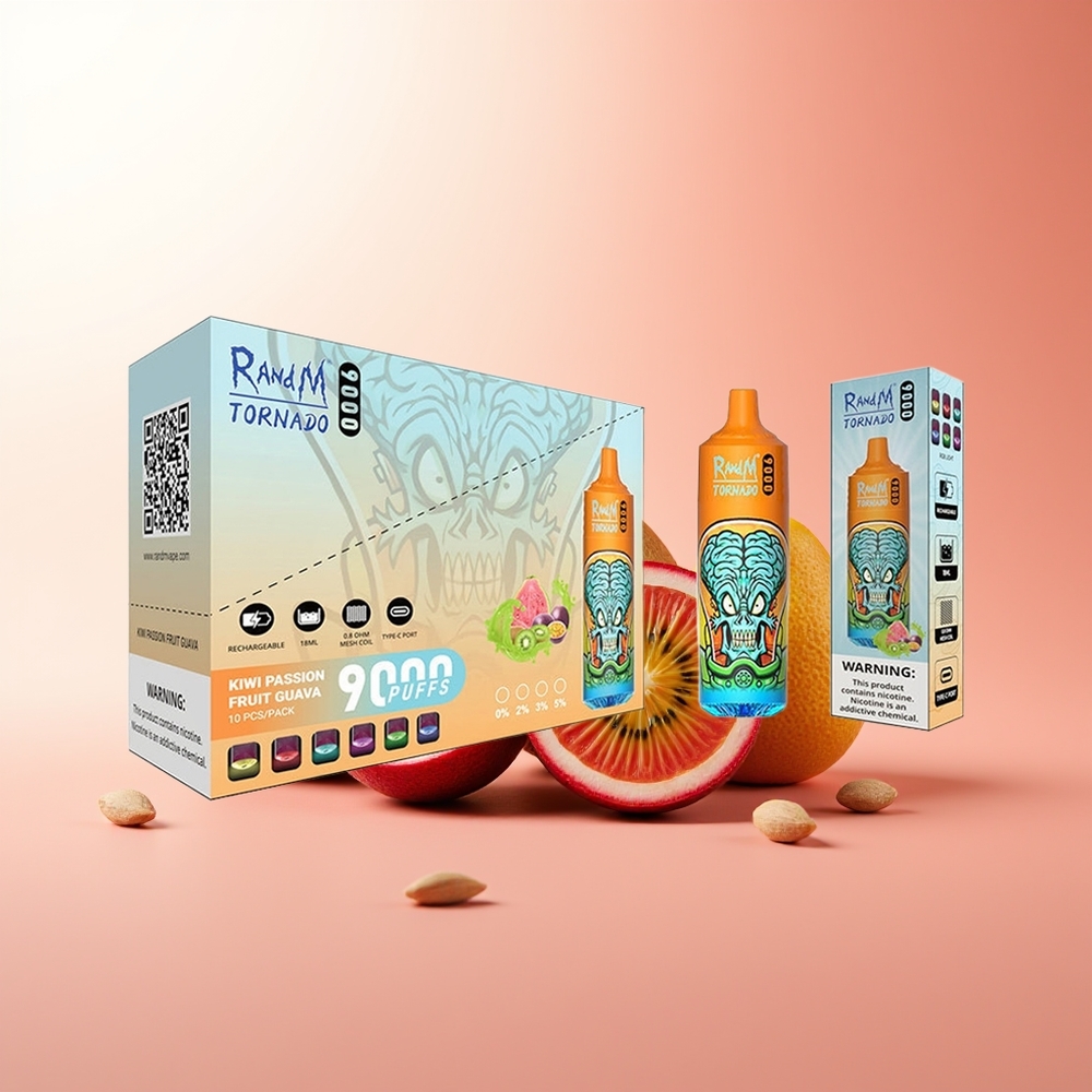 RandM Fumot Tornado 9000 Puffs Kiwi Maracuyá Guayaba con Pantalla RGB y Bobina Malla
