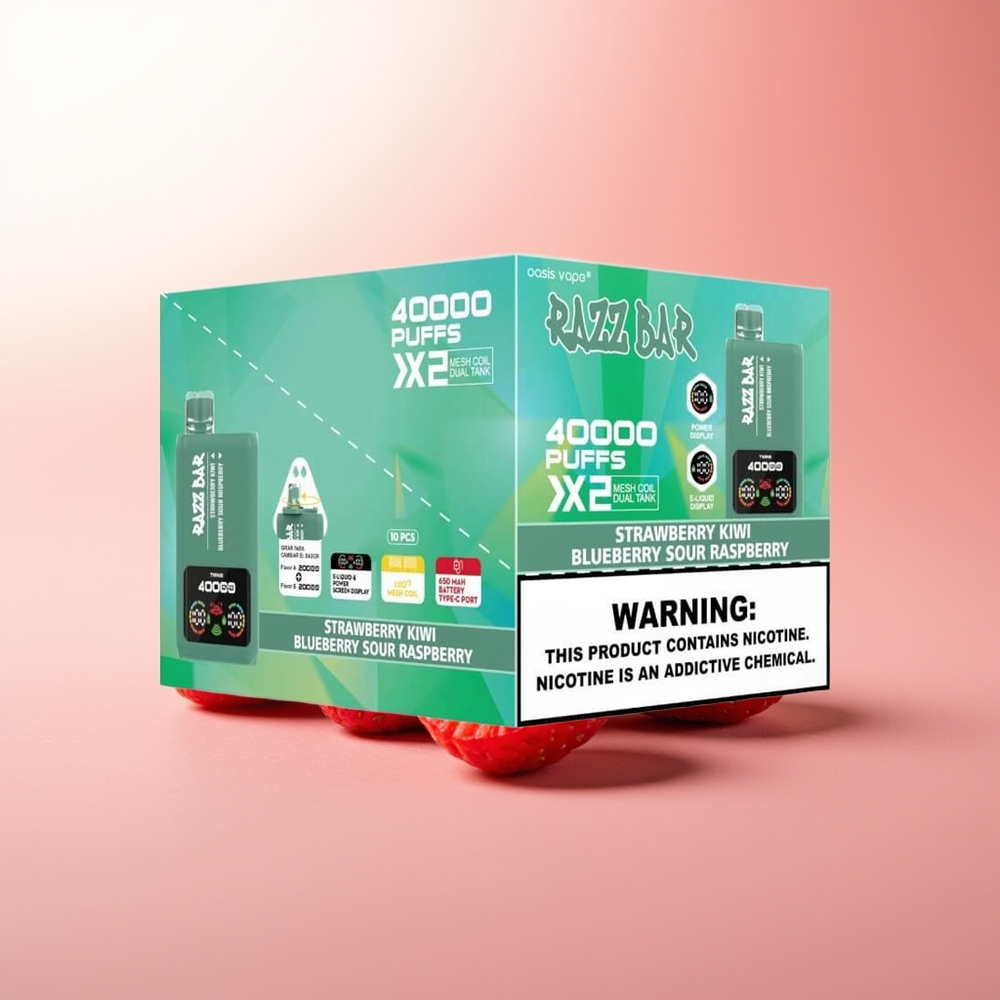 Razz Bar 40000 Puffs Fresa Kiwi - Arándano Frambuesa Ácida con Pantalla de Potencia y Bobina Doble Malla 1.0Ohm