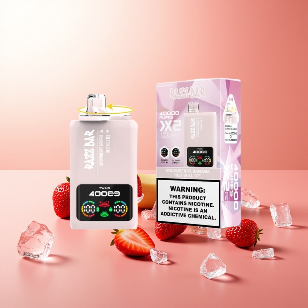 Razz Bar 40000 Puffs Fresa Plátano - Red Bull Hielo con Pantalla de Poder y Doble Bobina Mesh 1.0Ohm