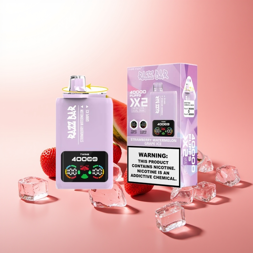 Razz Bar 40000 Puffs Fresa Sandía - Uva Hielo con Pantalla de Potencia y Doble Bobina Mesh 1.0Ohm