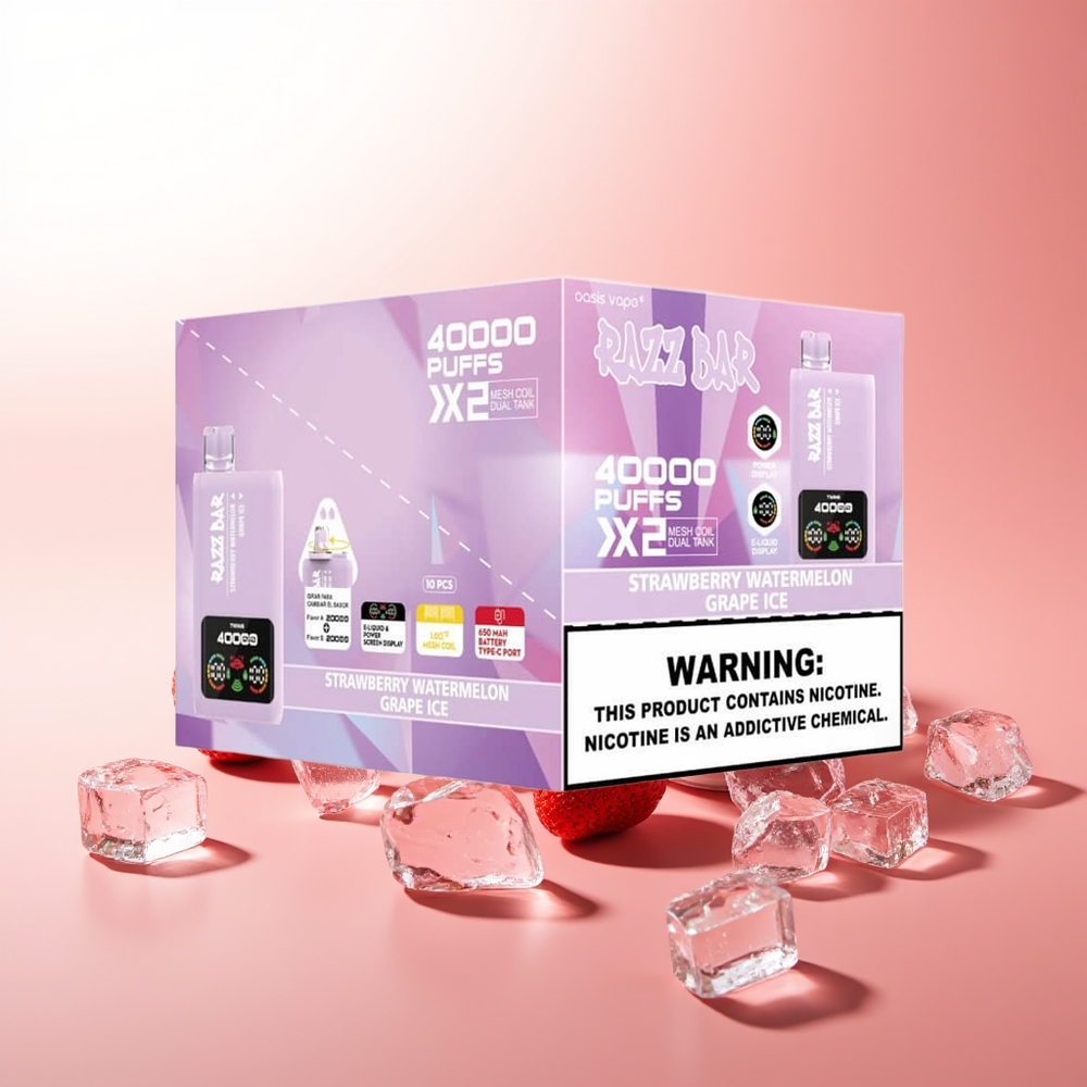 Razz Bar 40000 Puffs Fresa Sandía - Uva Hielo con Pantalla de Potencia y Doble Bobina Mesh 1.0Ohm