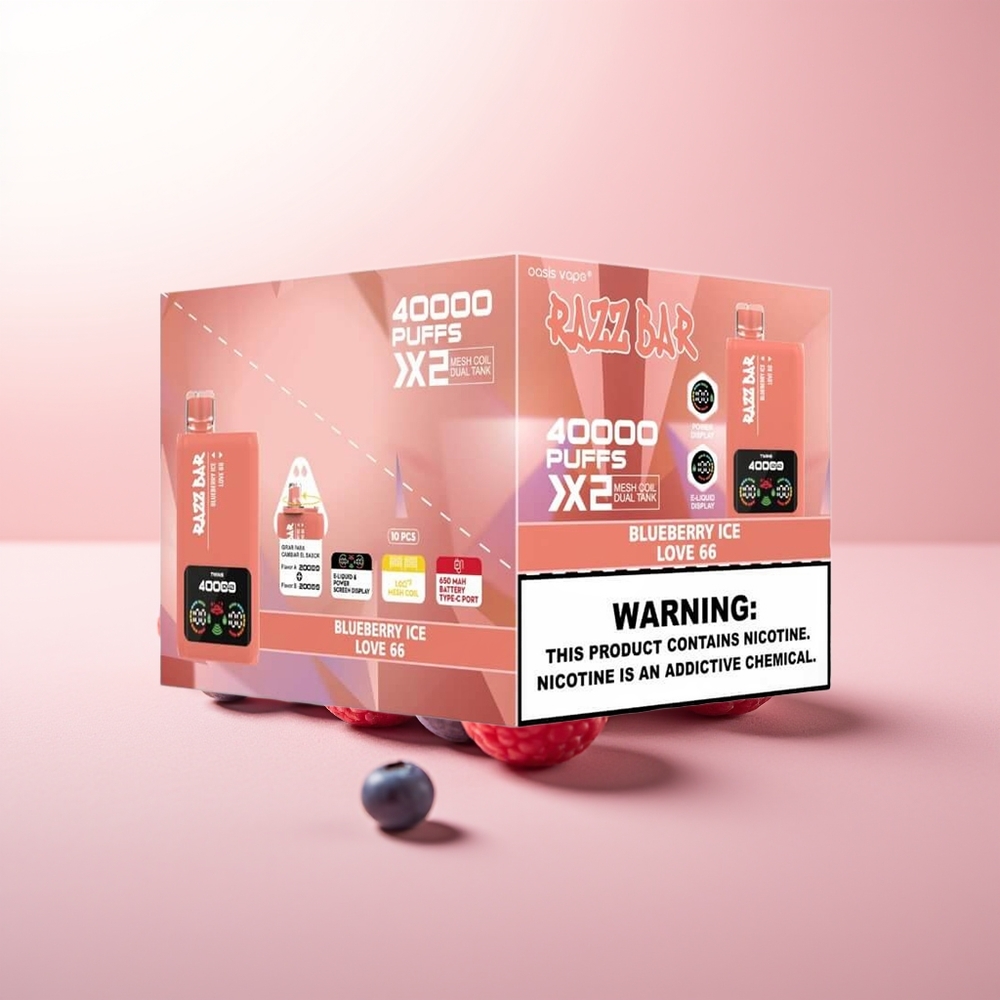 Razz Bar 40000 Puffs Helado de Arándano - Amor 66 con Pantalla de Potencia y Doble Bobina Mesh 1.0Ohm
