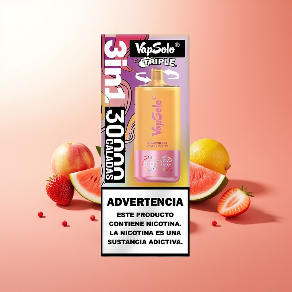 Vapsolo Triple 30000 Puffs Fresa Sandía & Limón Melocotón con 40ml y Tipo-C
